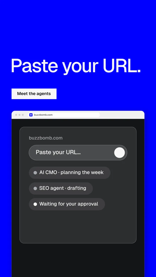 Instagram story for BuzzBomb: "Paste your URL." Swiss style, browser layout, dark palette in blue, black, grey.