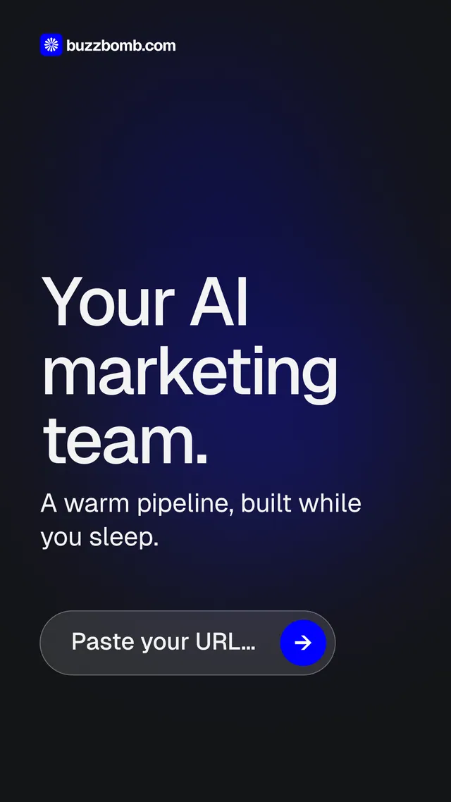 Instagram story for BuzzBomb: "Your AI marketing team." Agentic glass style, skeleton layout, dark palette in blue, black, grey.