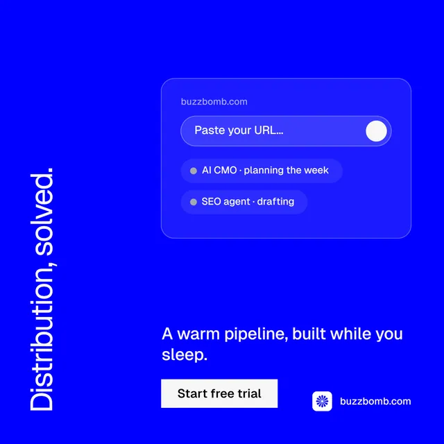 Instagram post for BuzzBomb: "Distribution, solved." Split block style, vertical layout, dark palette in blue.