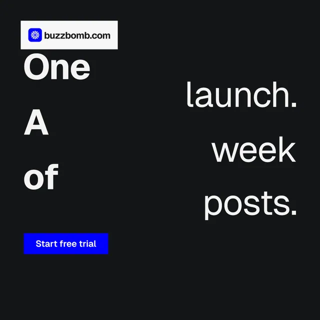 Instagram post for BuzzBomb: "One launch. A week of posts." Split block style, stacked layout, dark palette in black, grey.