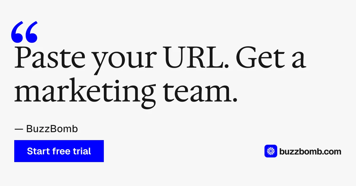 Social ad for BuzzBomb: "Get a marketing team." Swiss style, quote layout, light palette in white, grey, blue.