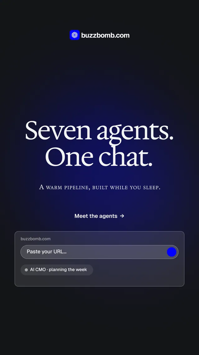Instagram story for BuzzBomb: "Seven agents. One chat." Agentic glass style, smallcaps layout, dark palette in black, blue.