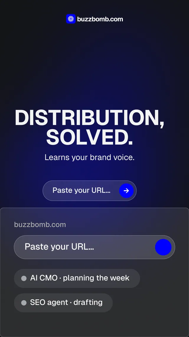 Instagram story for BuzzBomb: "Distribution, solved." Agentic glass style, skeleton layout, dark palette in blue, black, grey.