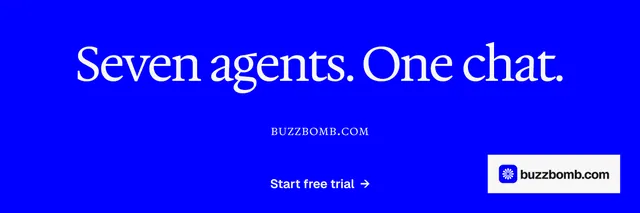 X header for BuzzBomb: "Seven agents. One chat." Split block style, smallcaps layout, dark palette in blue.