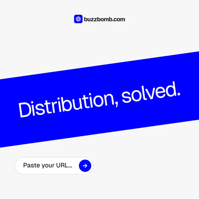 Instagram post for BuzzBomb: "Distribution, solved." Agentic glass style, diagonal layout, light palette in white, blue.