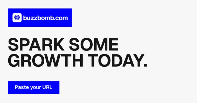 Social ad for BuzzBomb: "Spark some growth today." Swiss style, announce layout, light palette in white, blue.