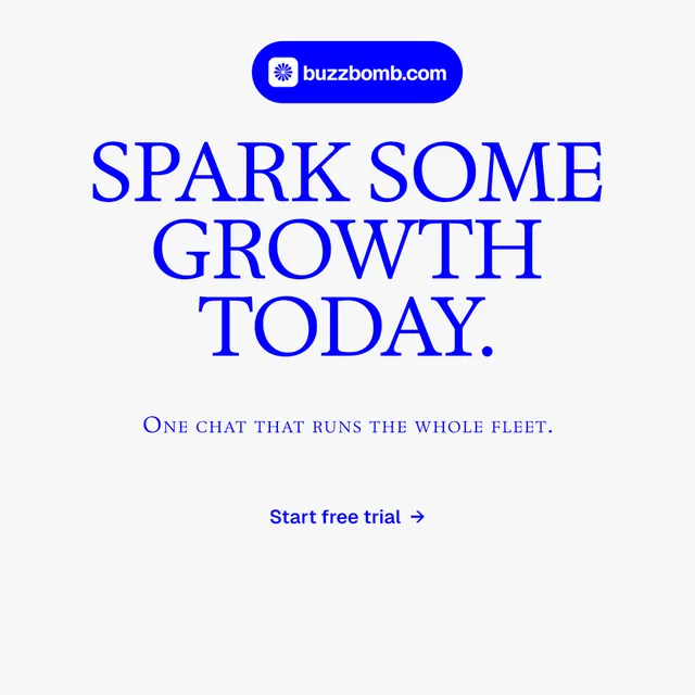 Instagram post for BuzzBomb: "Spark some growth today." Agentic glass style, smallcaps layout, light palette in white, blue.