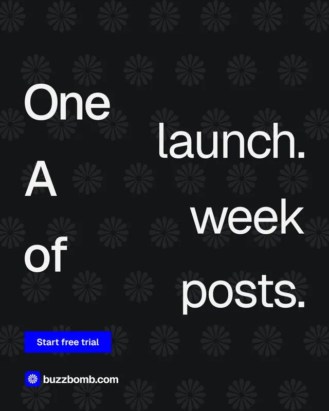Instagram portrait post for BuzzBomb: "One launch. A week of posts." Swiss style, stacked layout, dark palette in black.