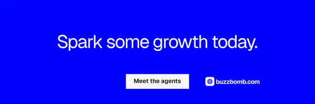 X header for BuzzBomb: "Spark some growth today." Swiss style, centred layout, dark palette in blue.