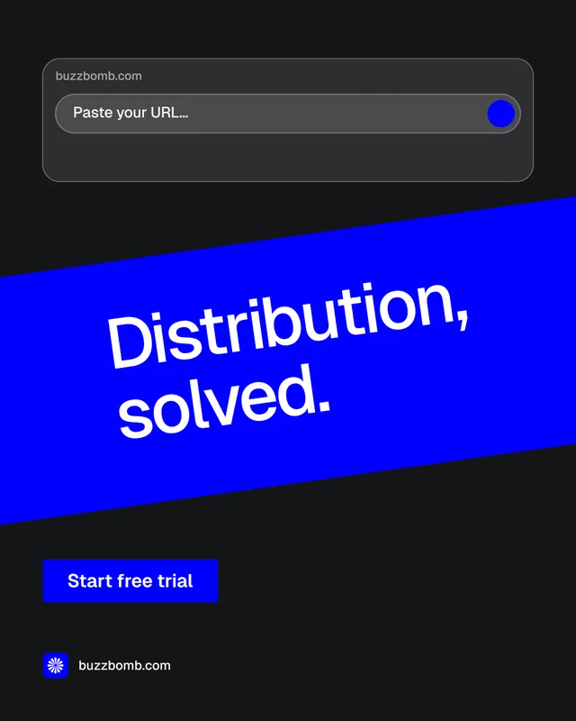 Instagram portrait post for BuzzBomb: "Distribution, solved." Split block style, diagonal layout, dark palette in black, blue.