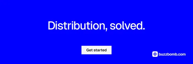 X header for BuzzBomb: "Distribution, solved." Split block style, centred layout, dark palette in blue.