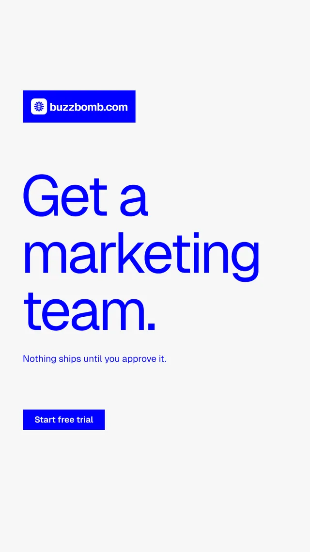 Instagram story for BuzzBomb: "Get a marketing team." Swiss style, announce layout, light palette in white, blue.