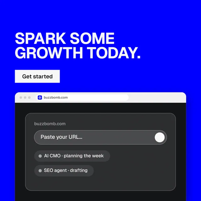 Instagram post for BuzzBomb: "Spark some growth today." Split block style, browser layout, dark palette in blue, black, grey.