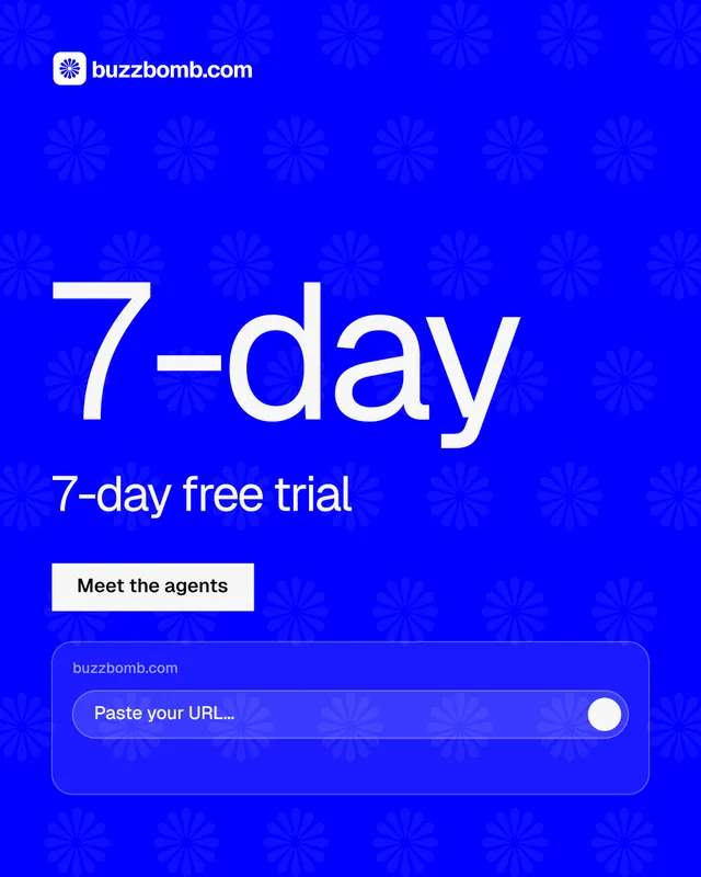Instagram portrait post for BuzzBomb: "One launch. A week of posts." Split block style, stat layout, dark palette in blue.