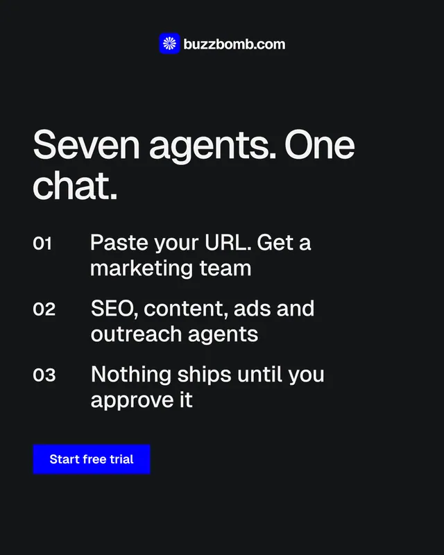 Instagram portrait post for BuzzBomb: "Seven agents. One chat." Split block style, numbered layout, dark palette in black, grey.
