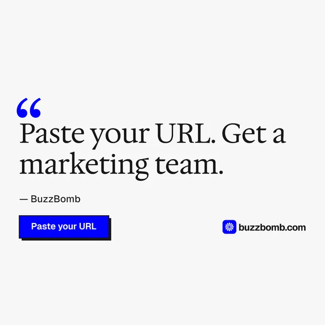 Instagram post for BuzzBomb: "One launch. A week of posts." Brutalist style, quote layout, light palette in white, blue.