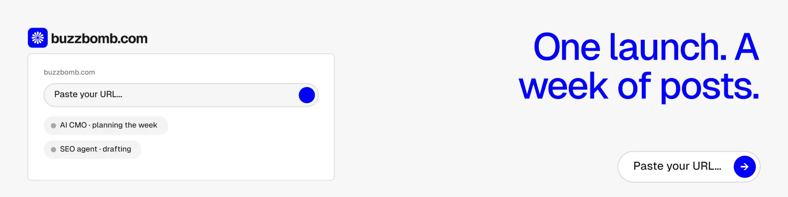 LinkedIn banner for BuzzBomb: "One launch. A week of posts." Agentic glass style, right layout, light palette in white, blue.