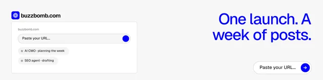 LinkedIn banner for BuzzBomb: "One launch. A week of posts." Agentic glass style, right layout, light palette in white, blue.