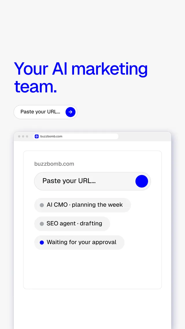 Instagram story for BuzzBomb: "Your AI marketing team." Agentic glass style, browser layout, light palette in white, blue.