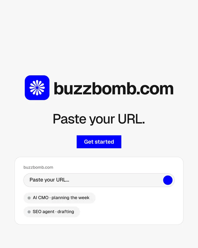Instagram portrait post for BuzzBomb: "Paste your URL." Swiss style, logo hero layout, light palette in white, blue.