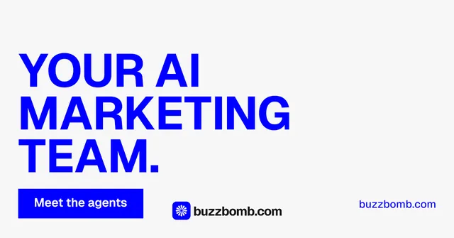 Social ad for BuzzBomb: "Your AI marketing team." Swiss style, poster layout, light palette in white, blue.