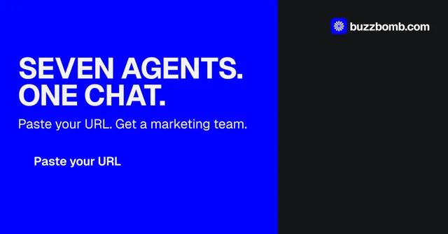 Social ad for BuzzBomb: "Seven agents. One chat." Split block style, skeleton layout, dark palette in blue, black.