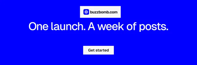 X header for BuzzBomb: "One launch. A week of posts." Split block style, centred layout, dark palette in blue.
