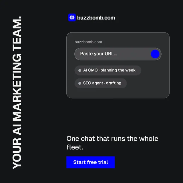 Instagram post for BuzzBomb: "Your AI marketing team." Split block style, vertical layout, dark palette in black, grey.