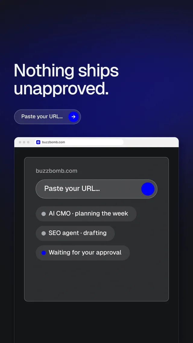 Instagram story for BuzzBomb: "Nothing ships unapproved." Agentic glass style, browser layout, dark palette in black, blue, grey.