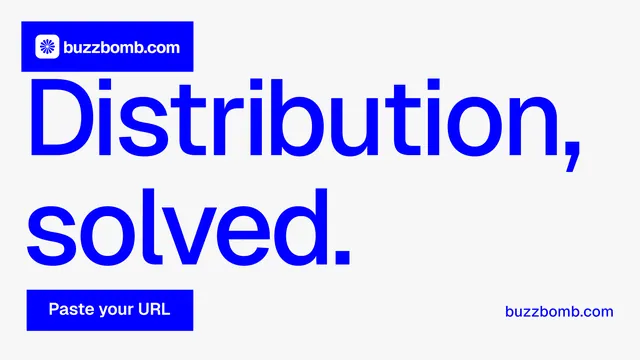 Landscape graphic for BuzzBomb: "Distribution, solved." Swiss style, poster layout, light palette in white, blue.