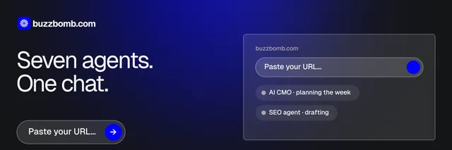 X header for BuzzBomb: "Seven agents. One chat." Agentic glass style, bottom layout, dark palette in blue, black, grey.