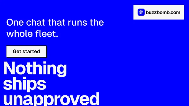 Landscape graphic for BuzzBomb: "Get a marketing team." Brutalist style, oversized layout, dark palette in blue, white.