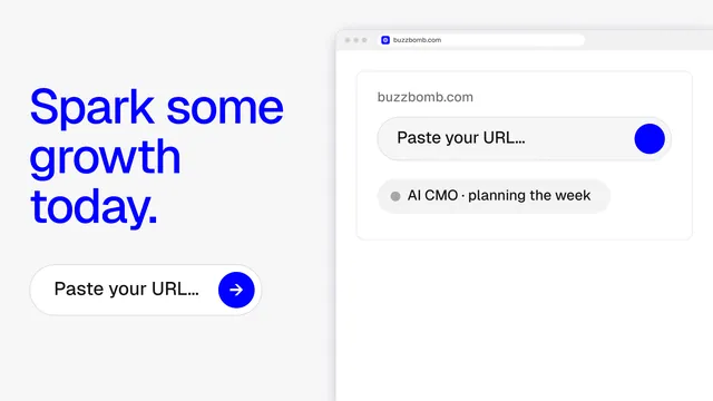 Landscape graphic for BuzzBomb: "Spark some growth today." Agentic glass style, browser layout, light palette in white, blue.