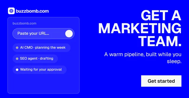 Social ad for BuzzBomb: "Get a marketing team." Split block style, right layout, dark palette in blue.