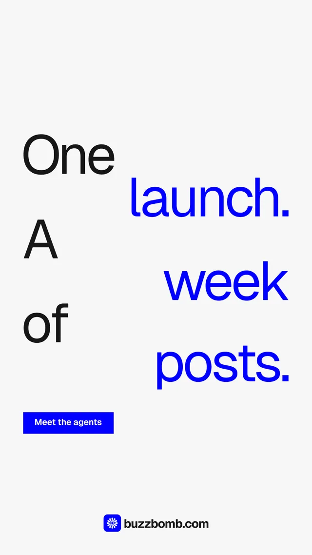 Instagram story for BuzzBomb: "One launch. A week of posts." Swiss style, stacked layout, light palette in white, blue.