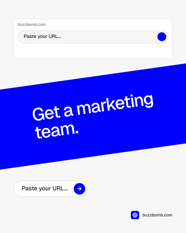 Instagram portrait post for BuzzBomb: "Get a marketing team." Agentic glass style, diagonal layout, light palette in white, blue.