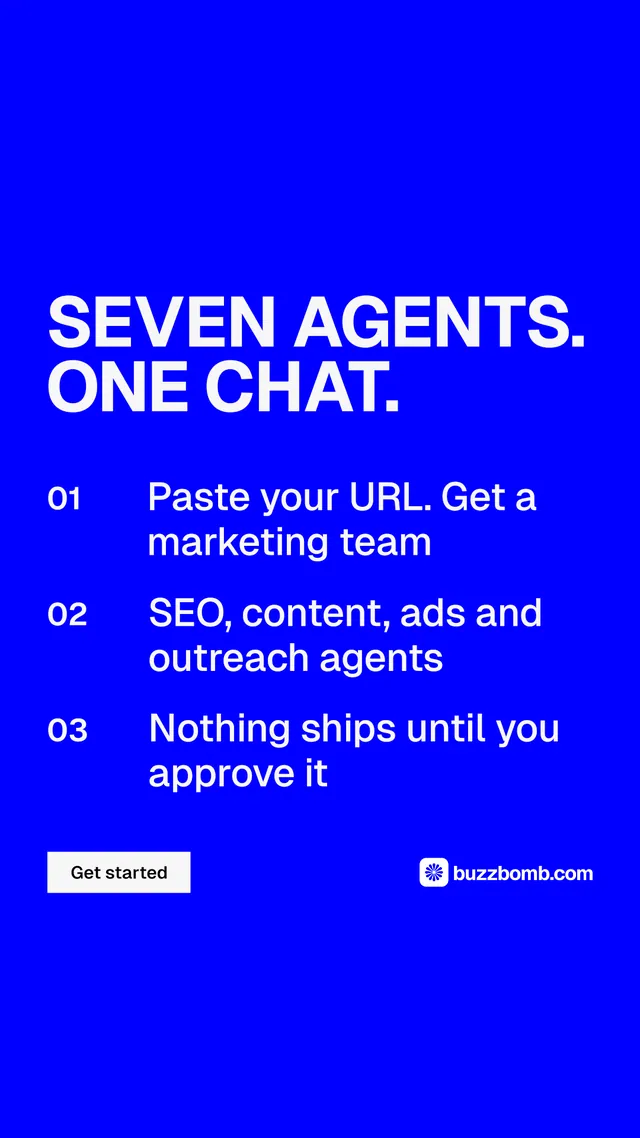Instagram story for BuzzBomb: "Seven agents. One chat." Swiss style, numbered layout, dark palette in blue.