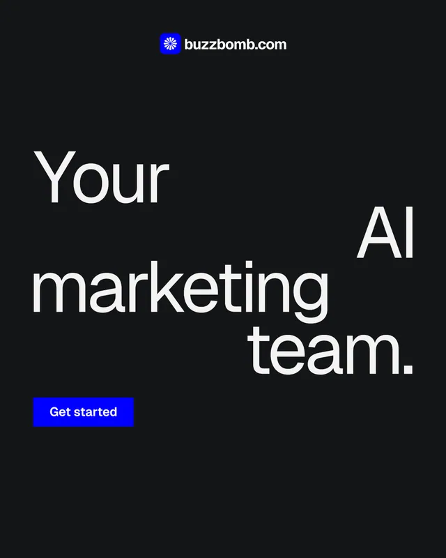Instagram portrait post for BuzzBomb: "Your AI marketing team." Swiss style, stacked layout, dark palette in black, grey.
