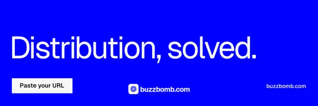 X header for BuzzBomb: "Distribution, solved." Split block style, poster layout, dark palette in blue.