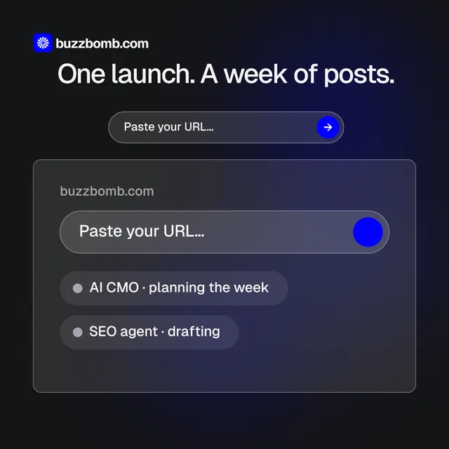 Instagram post for BuzzBomb: "One launch. A week of posts." Agentic glass style, skeleton layout, dark palette in black, blue, grey.