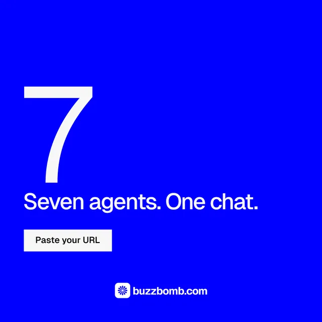 Instagram post for BuzzBomb: "Spark some growth today." Split block style, stat layout, dark palette in blue.
