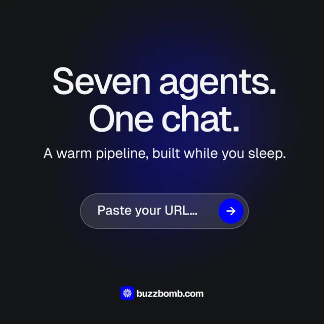 Instagram post for BuzzBomb: "Seven agents. One chat." Agentic glass style, skeleton layout, dark palette in black, blue, grey.