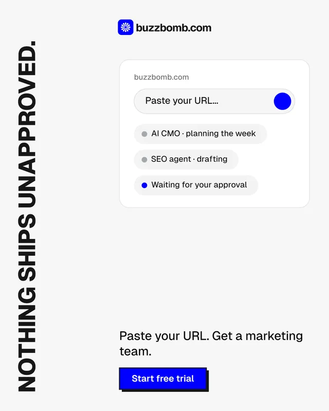 Instagram portrait post for BuzzBomb: "Nothing ships unapproved." Brutalist style, vertical layout, light palette in white, grey.