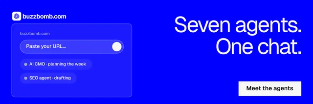 X header for BuzzBomb: "Seven agents. One chat." Split block style, right layout, dark palette in blue.
