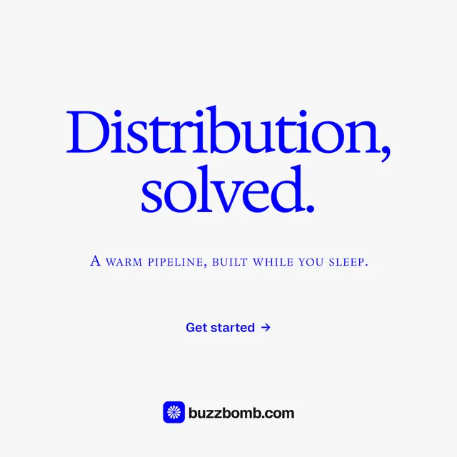Instagram post for BuzzBomb: "Distribution, solved." Swiss style, smallcaps layout, light palette in white, blue.