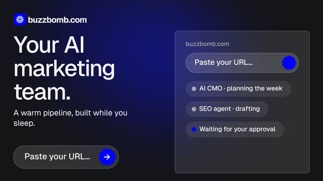 Landscape graphic for BuzzBomb: "Your AI marketing team." Agentic glass style, bottom layout, dark palette in black, blue, grey.