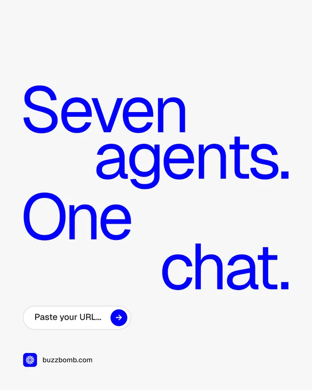 Instagram portrait post for BuzzBomb: "Seven agents. One chat." Agentic glass style, stacked layout, light palette in white, blue.