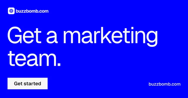 Social ad for BuzzBomb: "Get a marketing team." Split block style, poster layout, dark palette in blue.