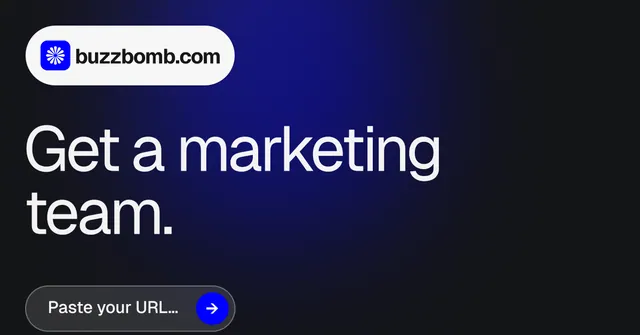 Social ad for BuzzBomb: "Get a marketing team." Agentic glass style, announce layout, dark palette in black, blue, grey.