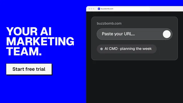 Landscape graphic for BuzzBomb: "Your AI marketing team." Brutalist style, browser layout, dark palette in black, blue, grey.